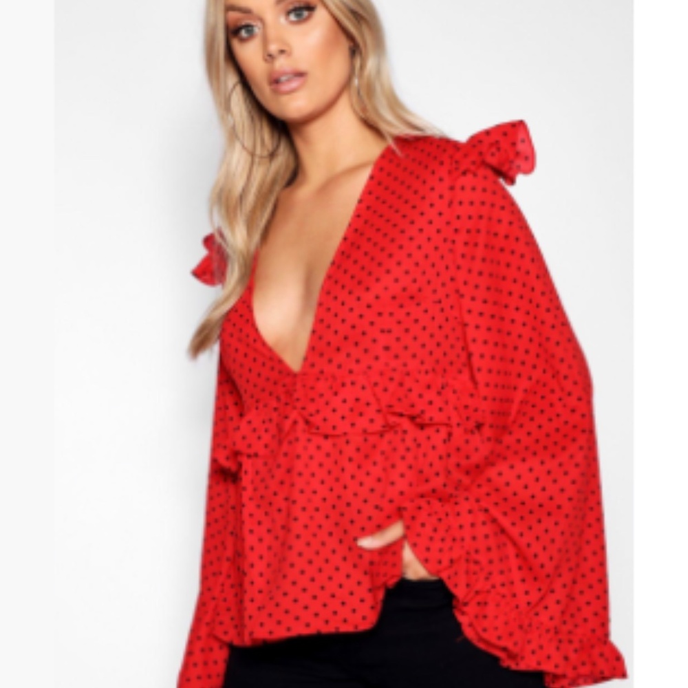 Boohoo Polka Dot Blouse with wide sleeves and ruffles